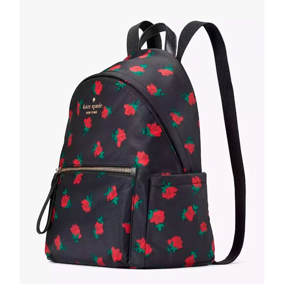 S Kate Spade Chelsea Medium Black Nylon Backpack Rose Toss Print KE435 NWT $299 main image 5